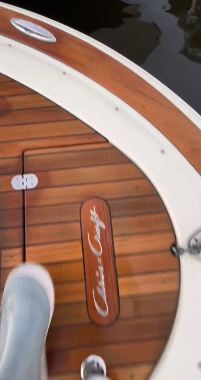 Rich warm teak finish on Chris Craft bow